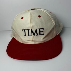 VINTAGE 90's TIME Magazine Logo Embroidered Baseball Hat Red White Snapback